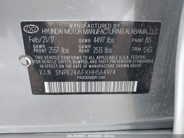 5NPE24AFXHH564974 Hyundai SONATA SE
