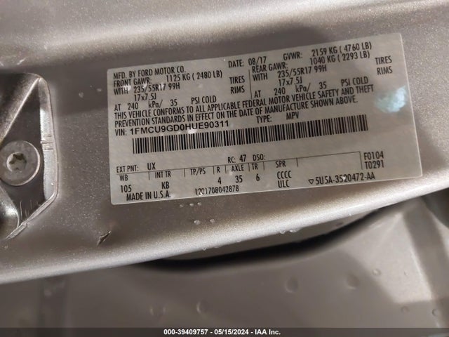 Ford ESCAPE SE 2017 1FMCU9GD0HUE90311 Image 9