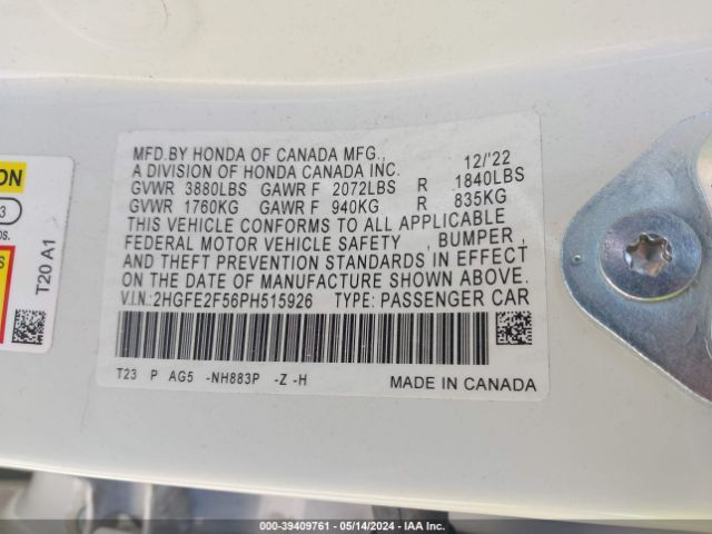 2HGFE2F56PH515926 Honda Civic Sport