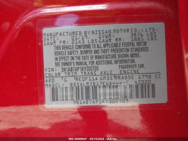 3N1AB7AP1KY300709 Nissan SENTRA SR