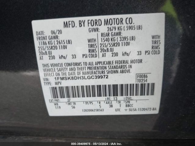 1FMSK8DH3LGC39972 Ford EXPLORER XLT