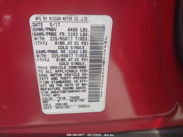 Nissan ROGUE SV 2017 JN8AT2MT3HW398149 Image 9