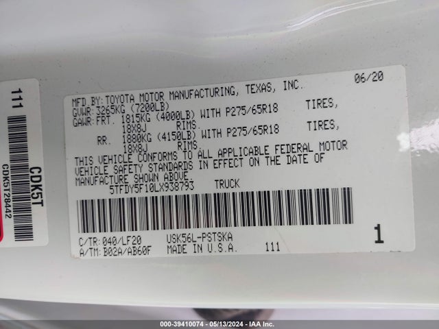 Toyota Tundra Trd Pro 2020 5TFDY5F10LX938793 Image 9