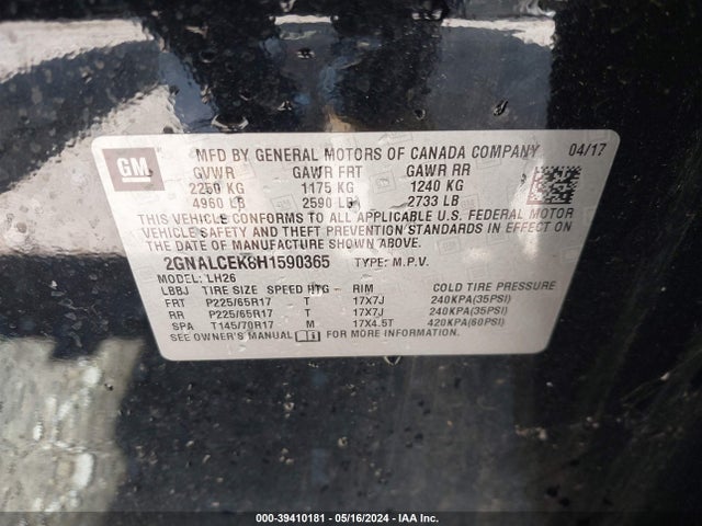 Chevrolet EQUINOX LT 2017 2GNALCEK8H1590365 Image 9