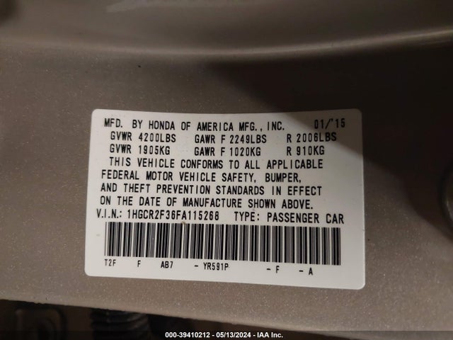 Honda ACCORD LX 2015 1HGCR2F36FA115268 Image 9