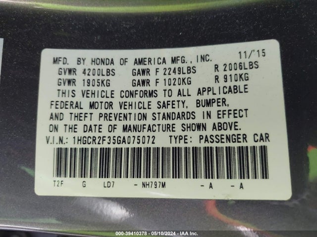 Honda ACCORD LX 2016 1HGCR2F35GA075072 Image 9