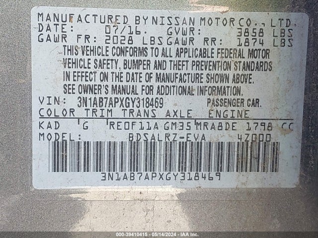 Nissan SENTRA SR 2016 3N1AB7APXGY318469 Image 9