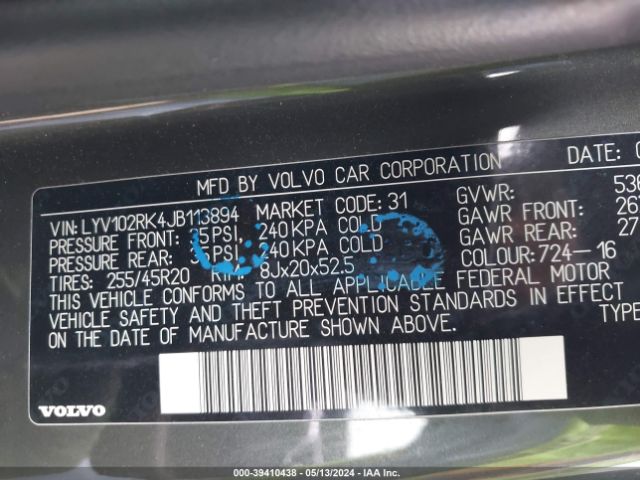 LYV102RK4JB113894 Volvo Xc60 T5 Momentum
