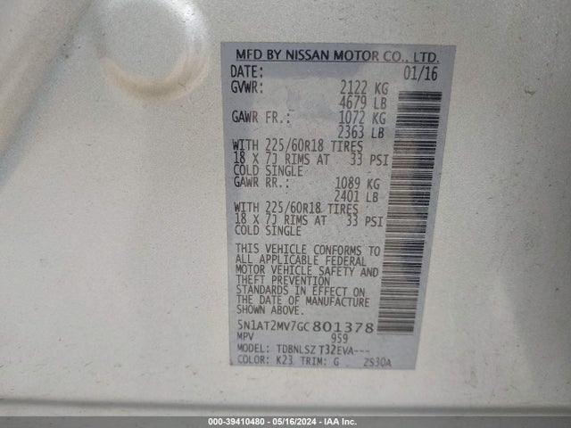 Nissan Rogue Sl 2016 5N1AT2MV7GC801378 Image 9