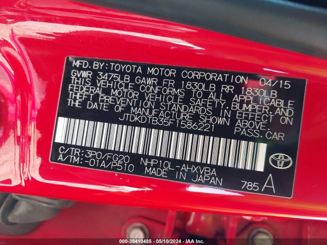 Toyota Prius C Two 2015 JTDKDTB35F1586221 Image 9