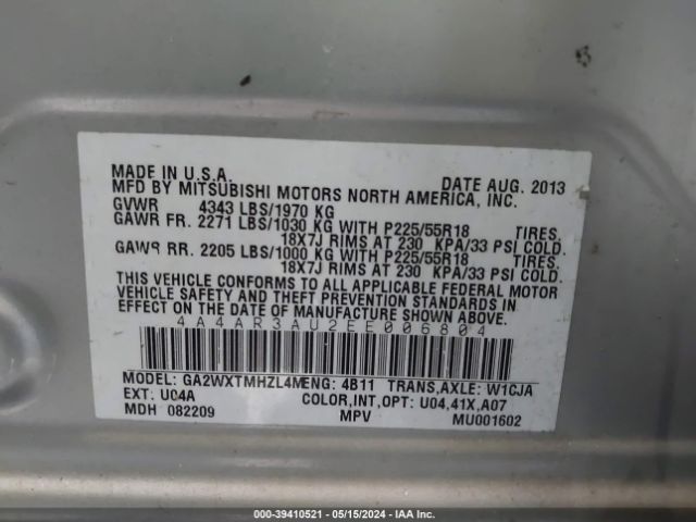 4A4AR3AU2EE006804 Mitsubishi Outlander Sport Es