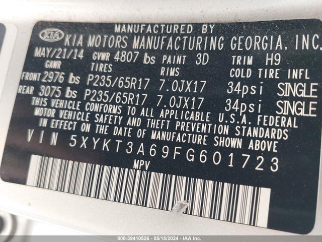 KIA SORENTO LX 2015 5XYKT3A69FG601723 Image 9