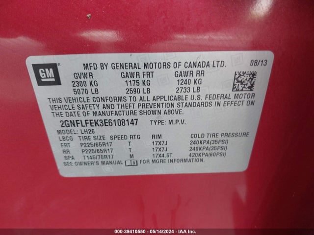 Chevrolet EQUINOX 1LT 2014 2GNFLFEK3E6108147 Image 9