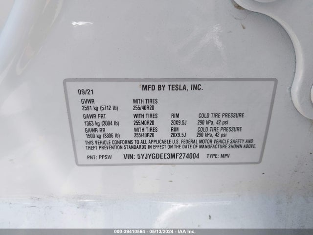 5YJYGDEE3MF274004 Tesla Model Y Long Range Dual Motor All-wheel Drive