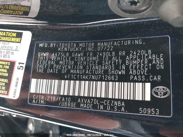 Toyota CAMRY LE 2022 4T1C11AK7NU712663 Image 9