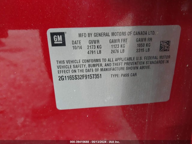 Chevrolet IMPALA 2LZ 2015 2G1165S32F9157351 Image 9