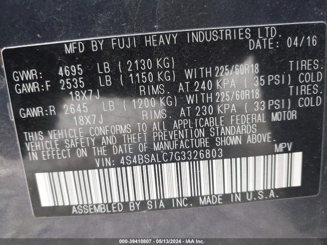 Subaru Outback 2.5i Limited 2016 4S4BSALC7G3326803 Image 9