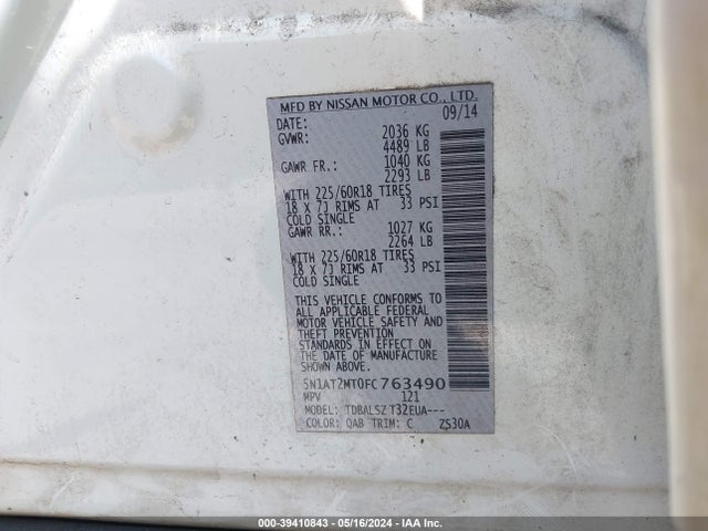 Nissan Rogue Sl 2015 5N1AT2MT0FC763490 Image 9