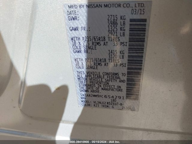 5N1AR2MM9FC654291 Nissan Pathfinder Platinum/s/sl/sv