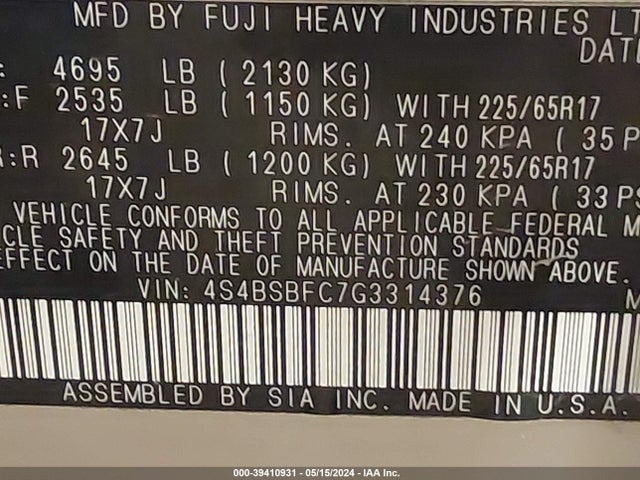 Subaru Outback 2.5i Premium 2016 4S4BSBFC7G3314376 Image 9