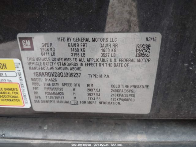 1GNKRGKD3GJ309237 Chevrolet Traverse 1lt
