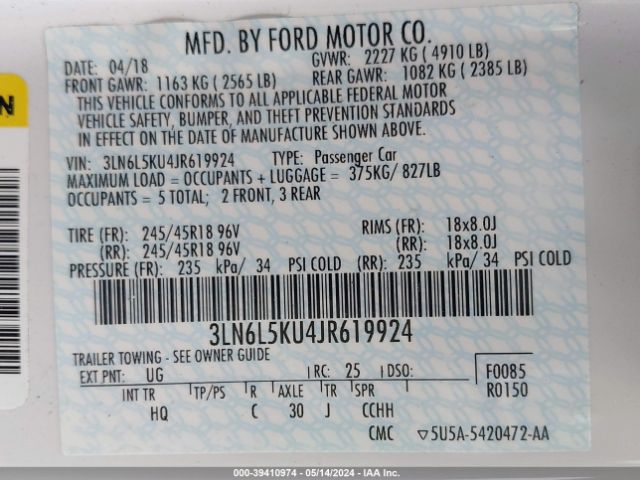 3LN6L5KU4JR619924 Lincoln Mkz Hybrid Premiere