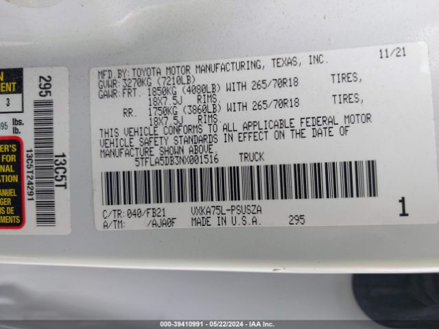 5TFLA5DB3NX001516 Toyota Tundra Sr5