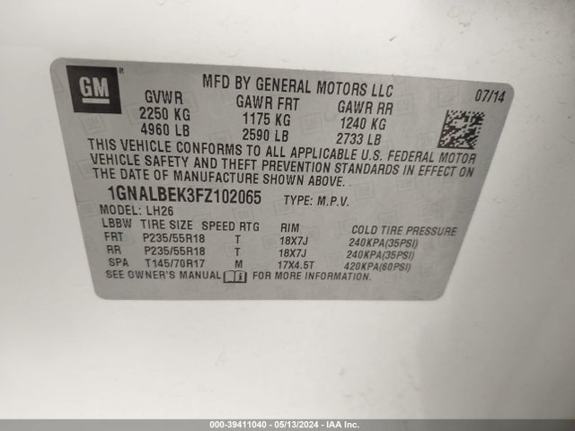 Chevrolet EQUINOX 1LT 2015 1GNALBEK3FZ102065 Image 9