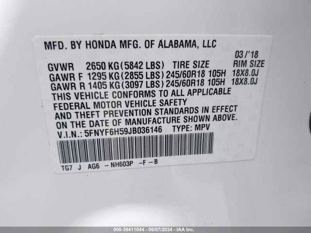 Honda Pilot Ex-l 2018 5FNYF6H59JB036146 Image 9