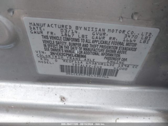 3N1CE2CP9EL430366 Nissan Versa Note Sv