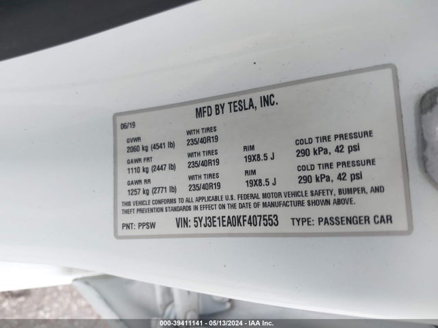Tesla Model 3 Long Range/mid Range/standard Range/standard Range Plus 2019 5YJ3E1EA0KF407553 Image 9
