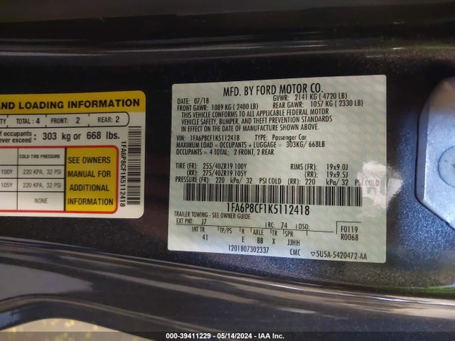 1FA6P8CF1K5112418 Ford Mustang Gt Premium