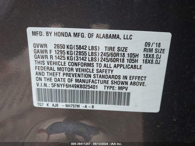 Honda Pilot Ex-l 2019 5FNYF6H49KB025401 Image 9