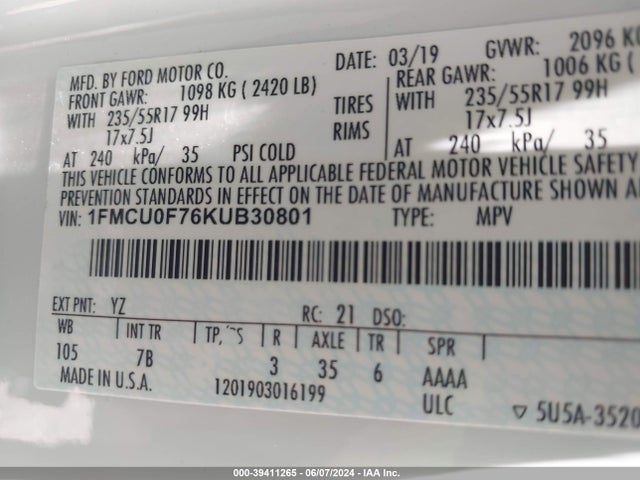 Ford ESCAPE S 2019 1FMCU0F76KUB30801 Image 9