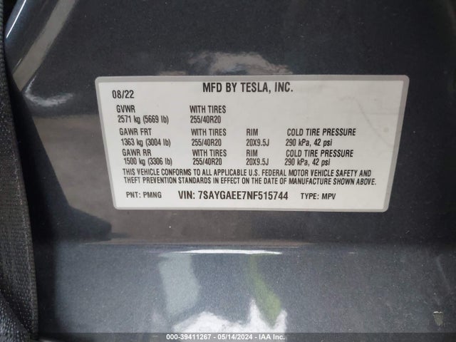 Tesla Model Y Long Range Dual Motor All-wheel Drive 2022 7SAYGAEE7NF515744 Image 9