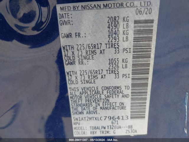 5N1AT2MTXLC796413 Nissan Rogue S Fwd