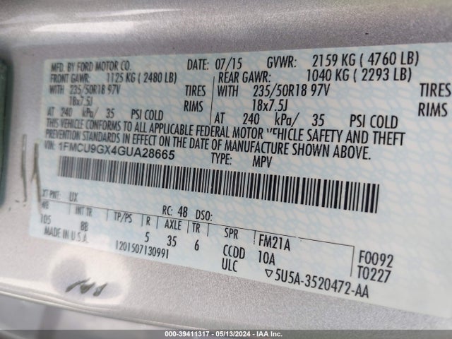 Ford ESCAPE SE 2016 1FMCU9GX4GUA28665 Image 9