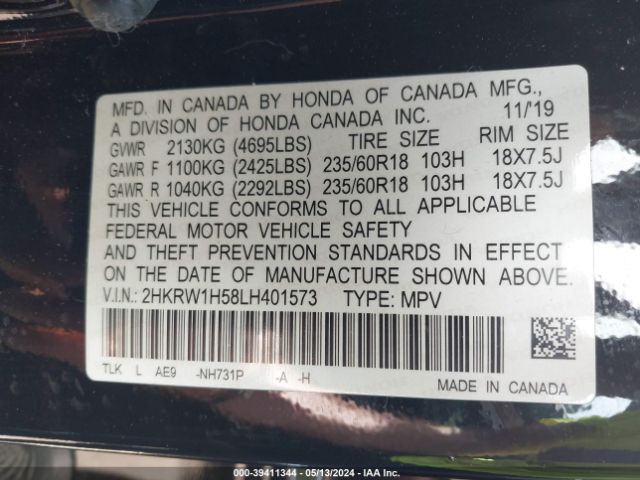 2HKRW1H58LH401573 Honda Cr-v 2wd Ex