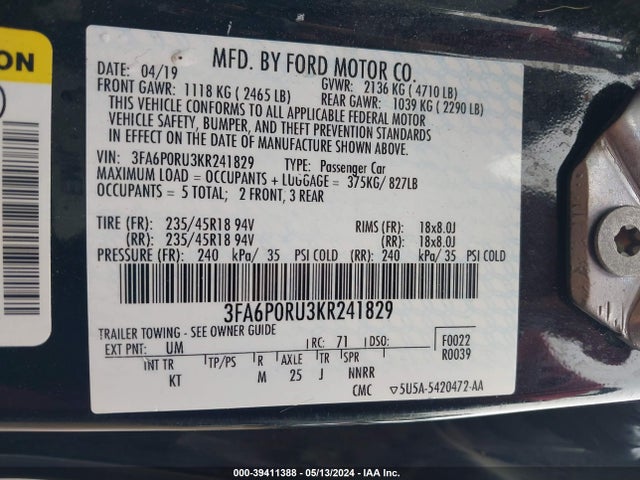 Ford Fusion Hybrid Titanium 2019 3FA6P0RU3KR241829 Image 9