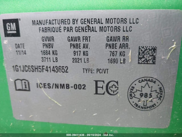Chevrolet Sonic Lt Auto 2015 1G1JC6SH5F4143652 Image 9