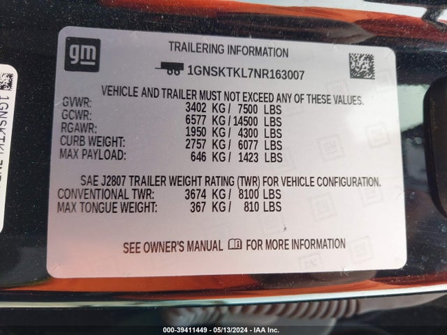 1GNSKTKL7NR163007 Chevrolet Tahoe 4wd High Country