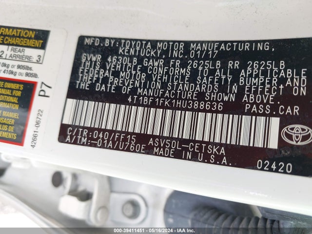 Toyota CAMRY SE 2017 4T1BF1FK1HU388636 Image 9