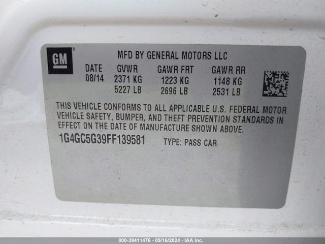 Buick Lacrosse Leather 2015 1G4GC5G39FF139581 Image 9