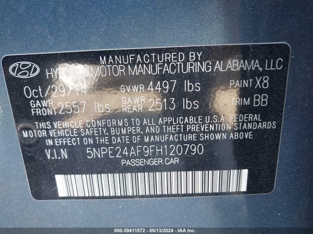 Hyundai SONATA SE 2015 5NPE24AF9FH120790 Image 9