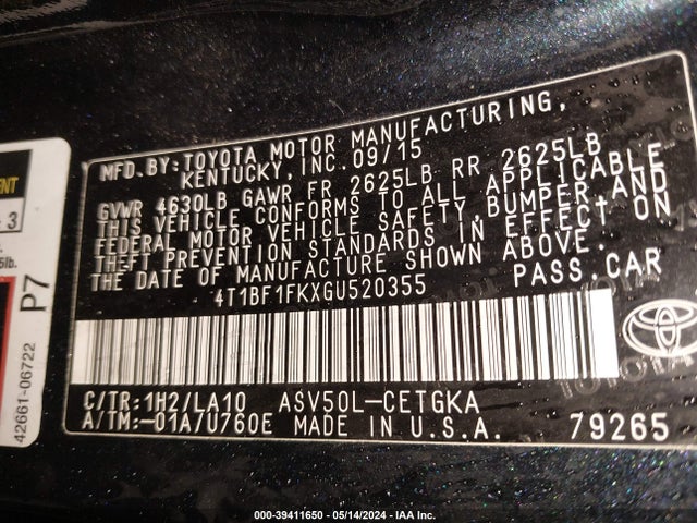 Toyota CAMRY XLE 2016 4T1BF1FKXGU520355 Image 9