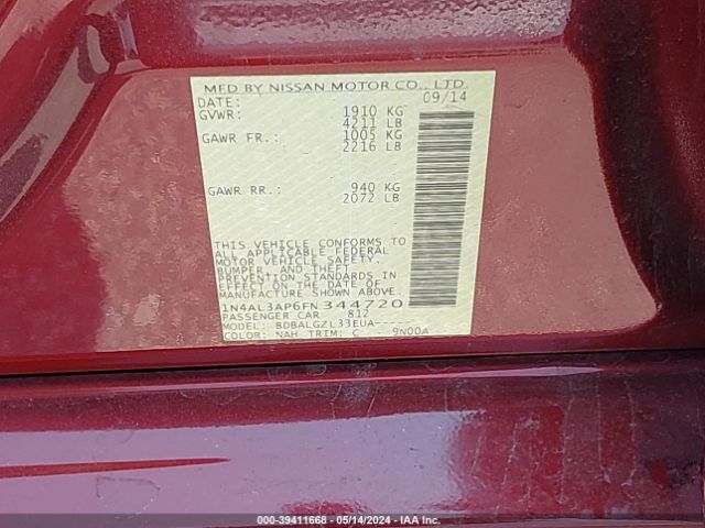 1N4AL3AP6FN344720 Nissan Altima 2.5/2.5 S/2.5 Sl/2.5 Sv