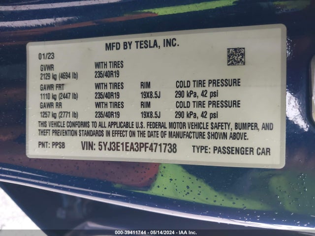 Tesla Model 3 Rear-wheel Drive 2023 5YJ3E1EA3PF471738 Image 9