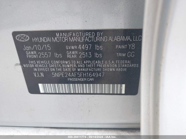 Hyundai SONATA SE 2015 5NPE24AF5FH164947 Image 9