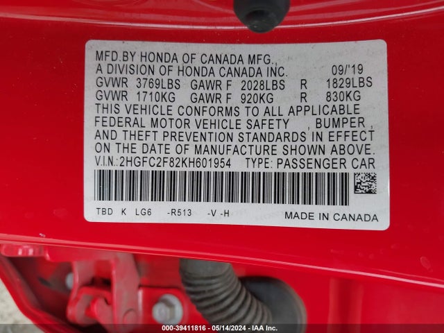 Honda Civic Sport 2019 2HGFC2F82KH601954 Image 9