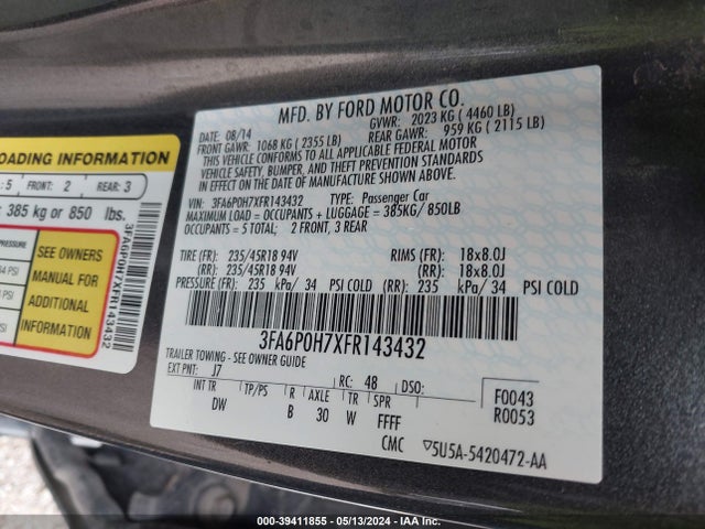 Ford FUSION SE 2015 3FA6P0H7XFR143432 Image 9